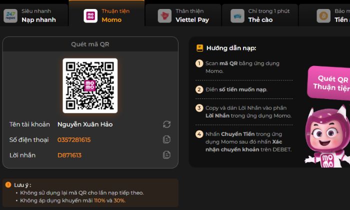 Mã QR Momo hiển thị trên màn hình